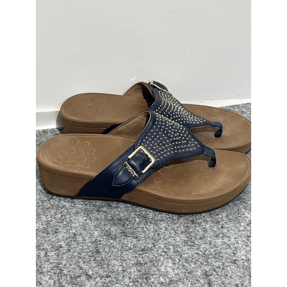 Vionic Rest Farra Navy Blue Leather Studded Orthotic Thong Sandals Womens